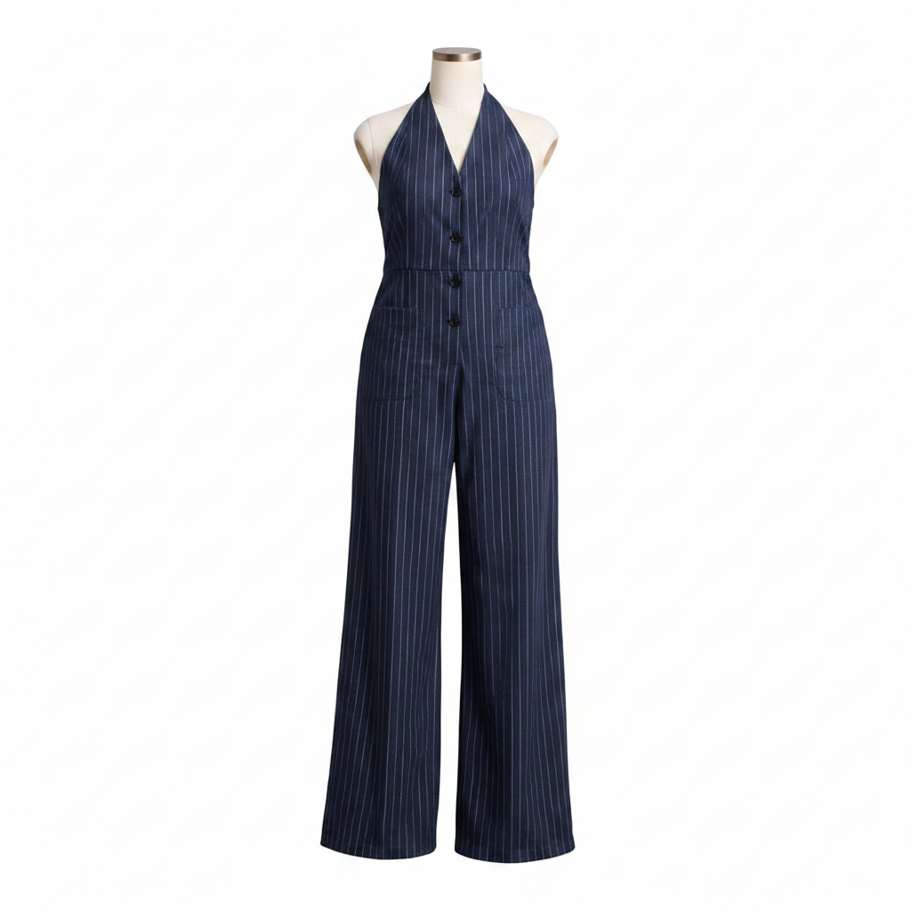 Women's navy blue pinstripe halterneck deep V wide-leg jumpsuit - ghost mannequin front view