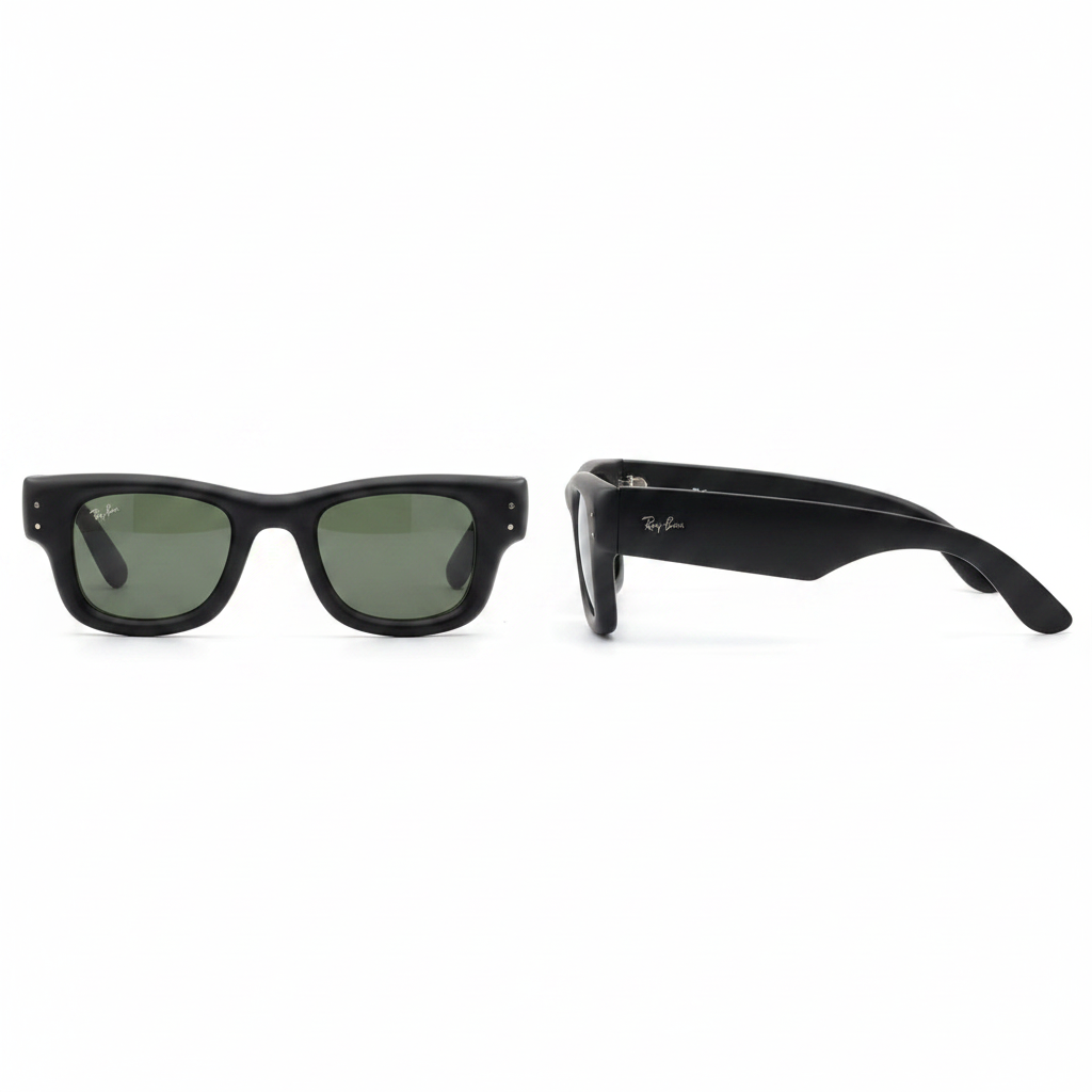 Unisex matte black wayfarer sunglasses with deep green tinted lenses – front and side view on white background