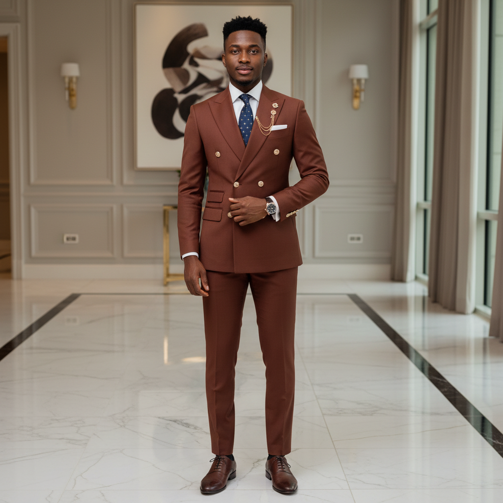 Cognac Brown Double-Breasted Suit – Model Shot