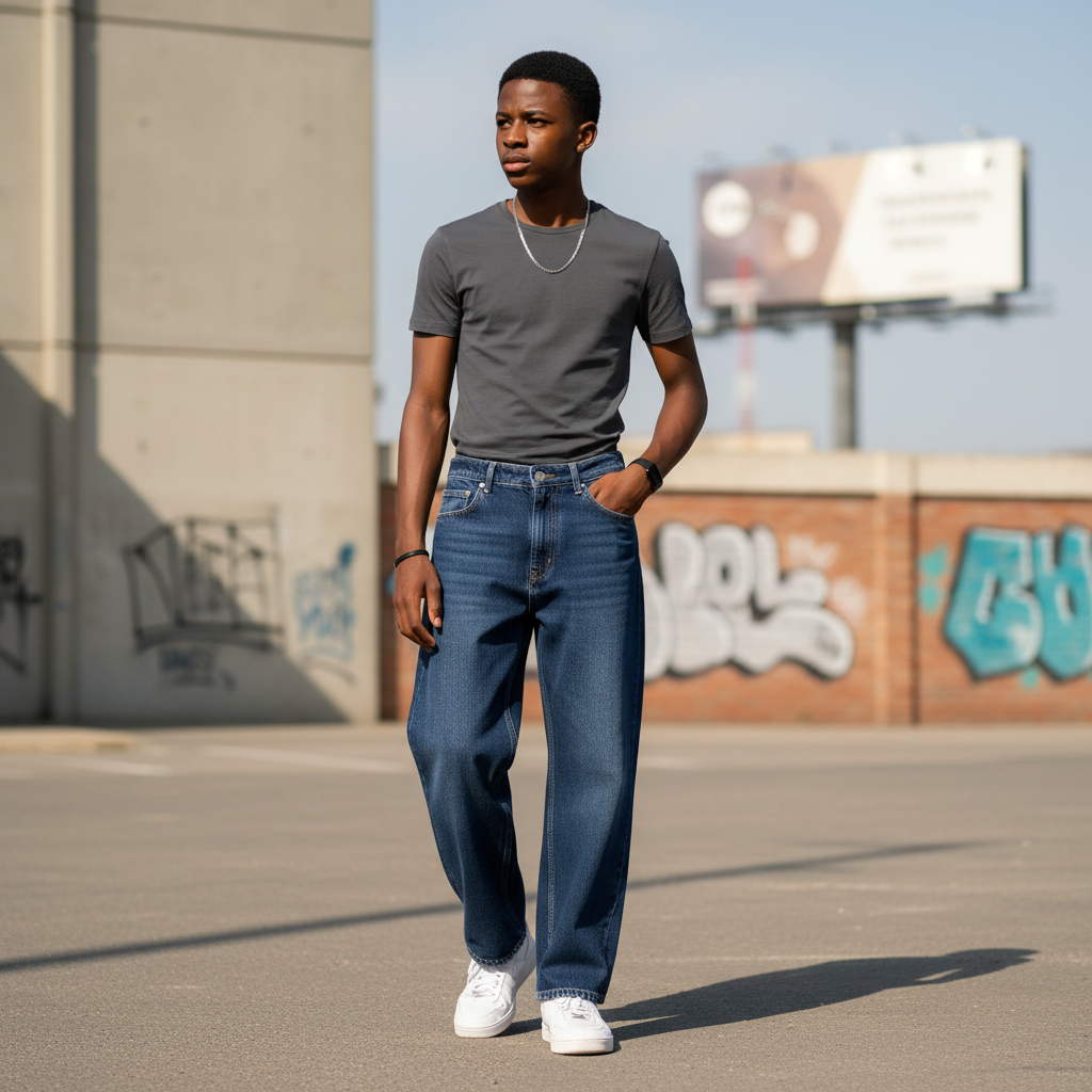 Dark Navy Wide-Leg Baggy Jeans - Model Shot