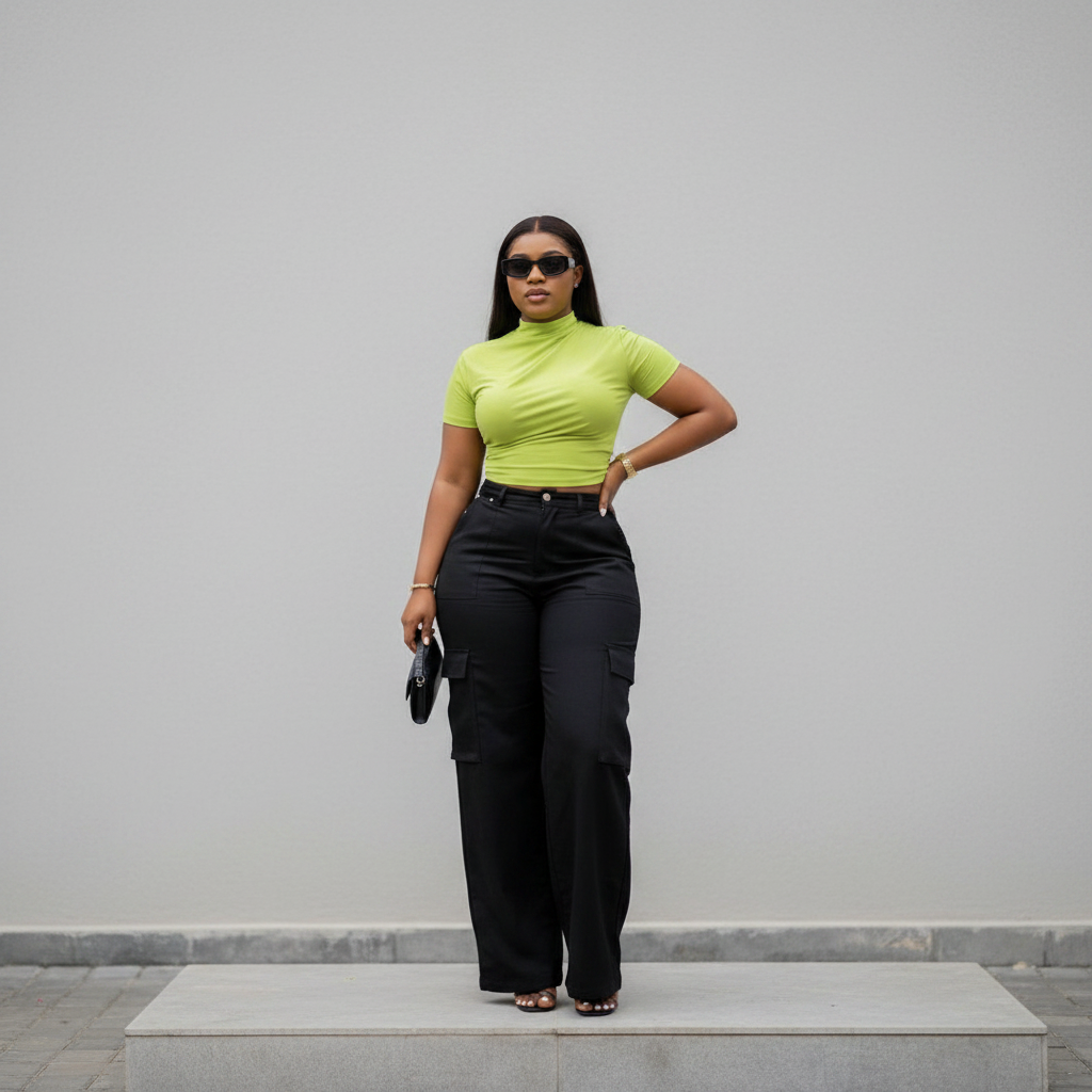 Women's Mock-Neck Short-Sleeve Fitted Top - Nigerian Female Model
