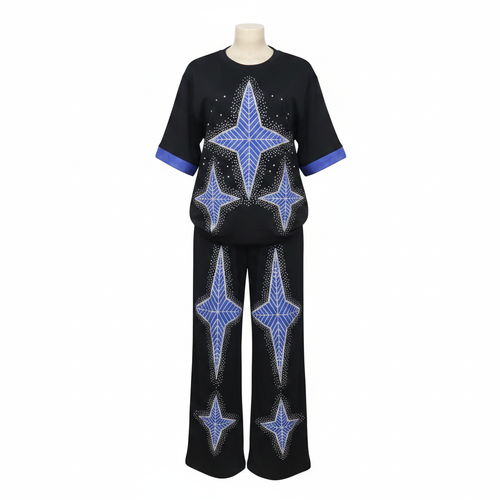 Women's black rhinestone crystal star graphic blue contrast cuff two-piece co-ord set - ghost mannequin front view