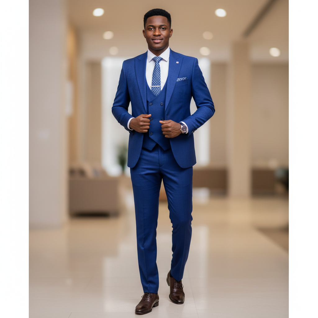 Nigerian male model wearing cobalt blue 3-piece suit