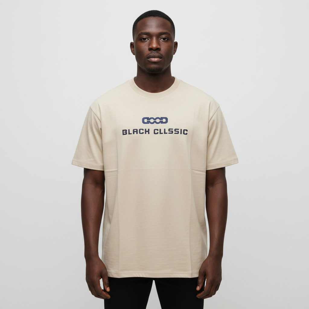Black Nigerian male model wearing a beige classic graphic T-shirt