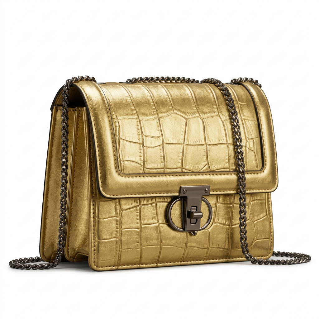 Metallic-gold croc-effect bag with dark chain strap on white