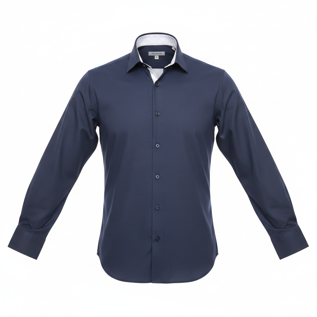 Navy blue long-sleeved shirt ghost mannequin front view