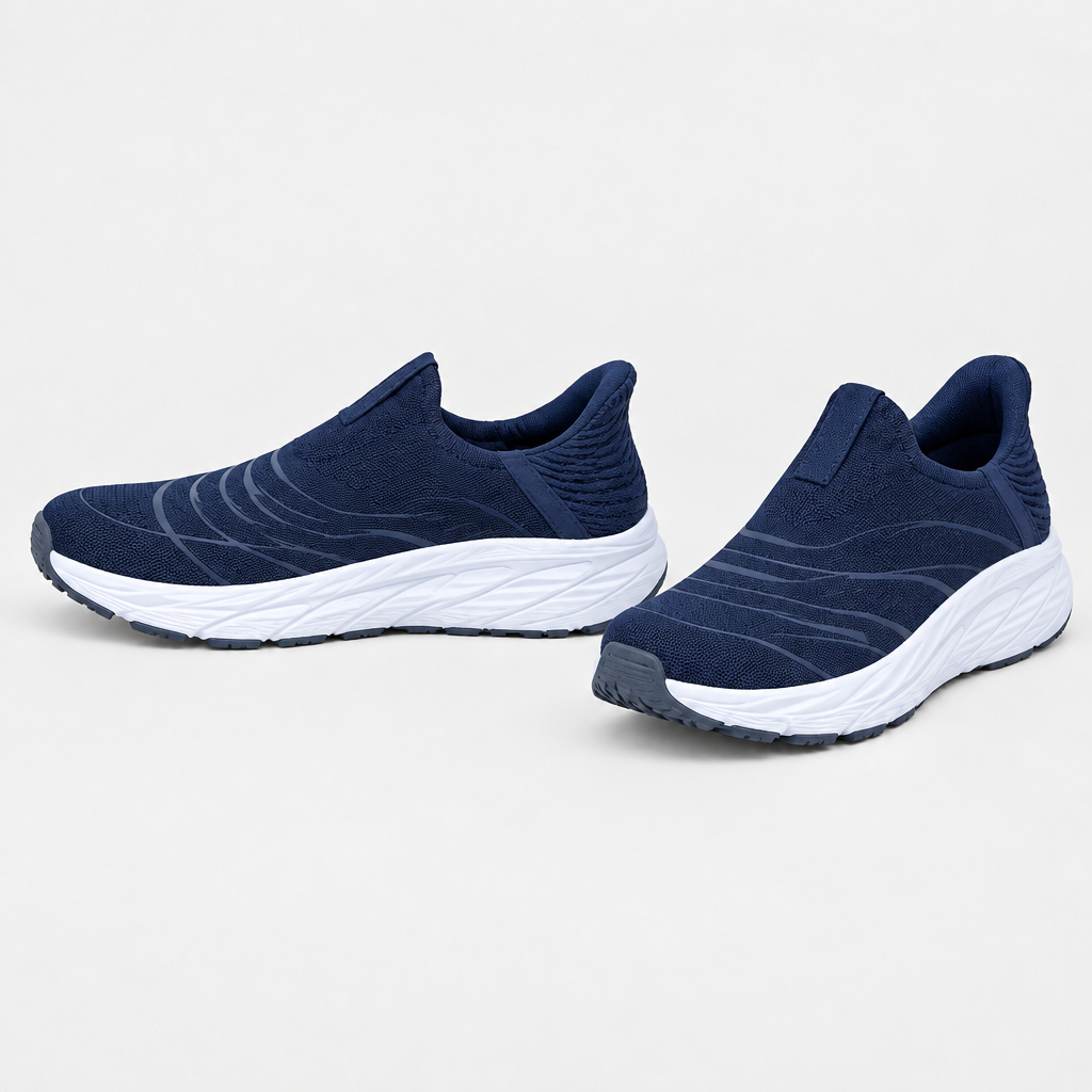 Navy mesh slip-on sneakers with tonal detailing and sculpted white soles