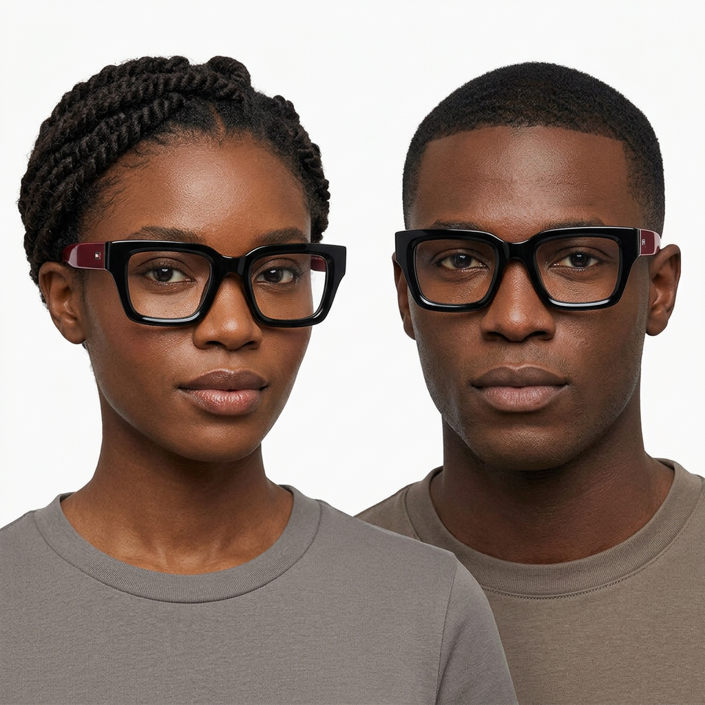 Black adult woman and man wearing chunky black square eyeglasses with burgundy arms