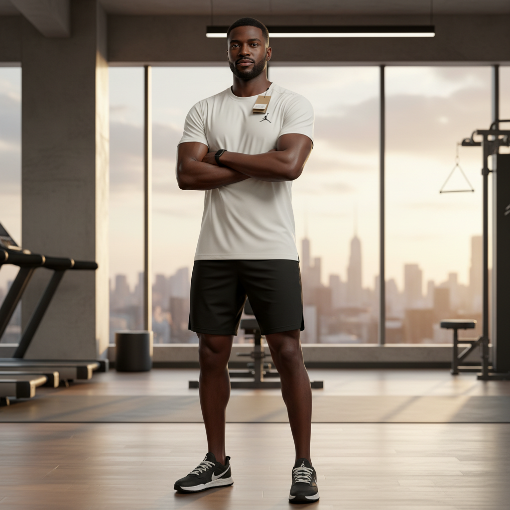 Black Nigerian male model wearing off-white premium sporting jersey