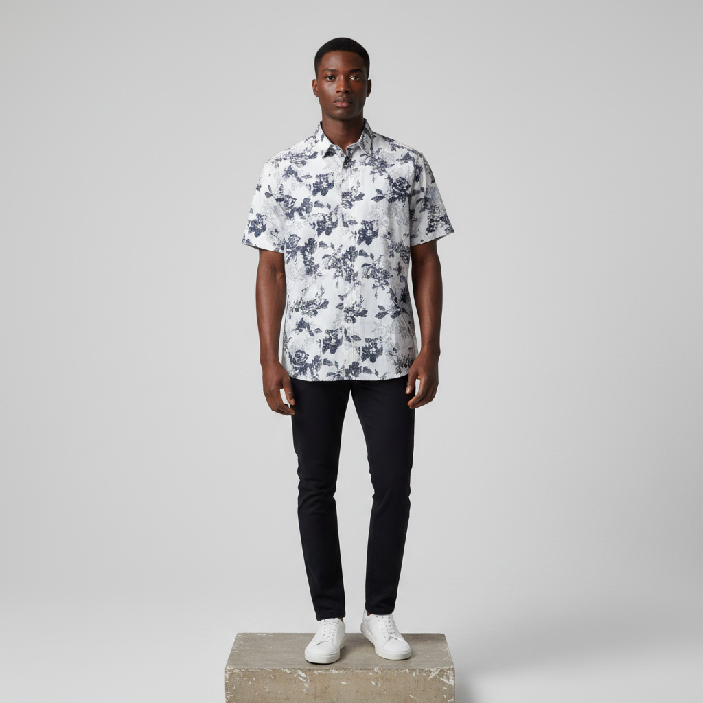 White Rose Floral Print Short-Sleeved Shirt - Model Front