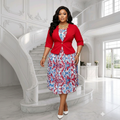 Red Blazer & Baroque Print Pleated Midi Dress Set – Model Shot