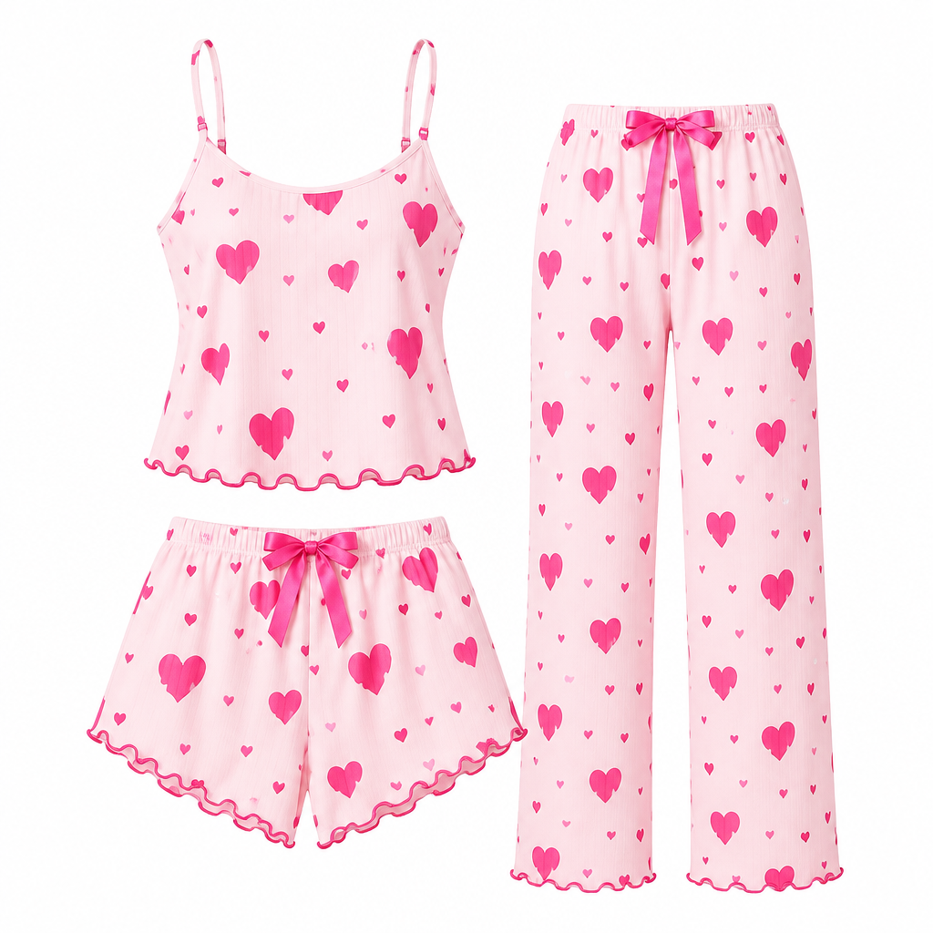 3-in-1 Heart Print Cami Pyjama Set – Pink Hearts
