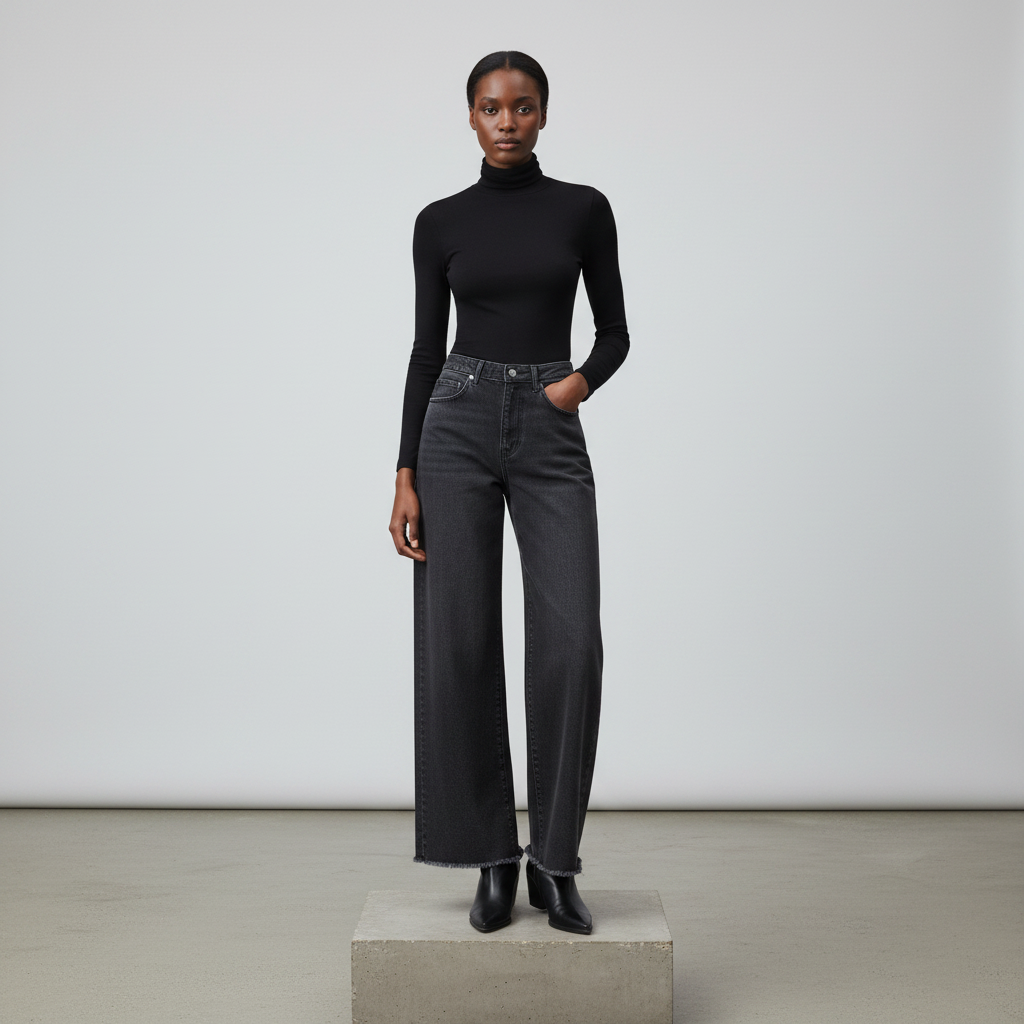 Charcoal High-Rise Wide-Leg Straight Denim Jeans - Model Front