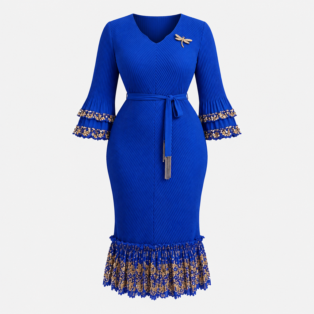Royal blue gold-trimmed bell sleeve dress on invisible mannequin