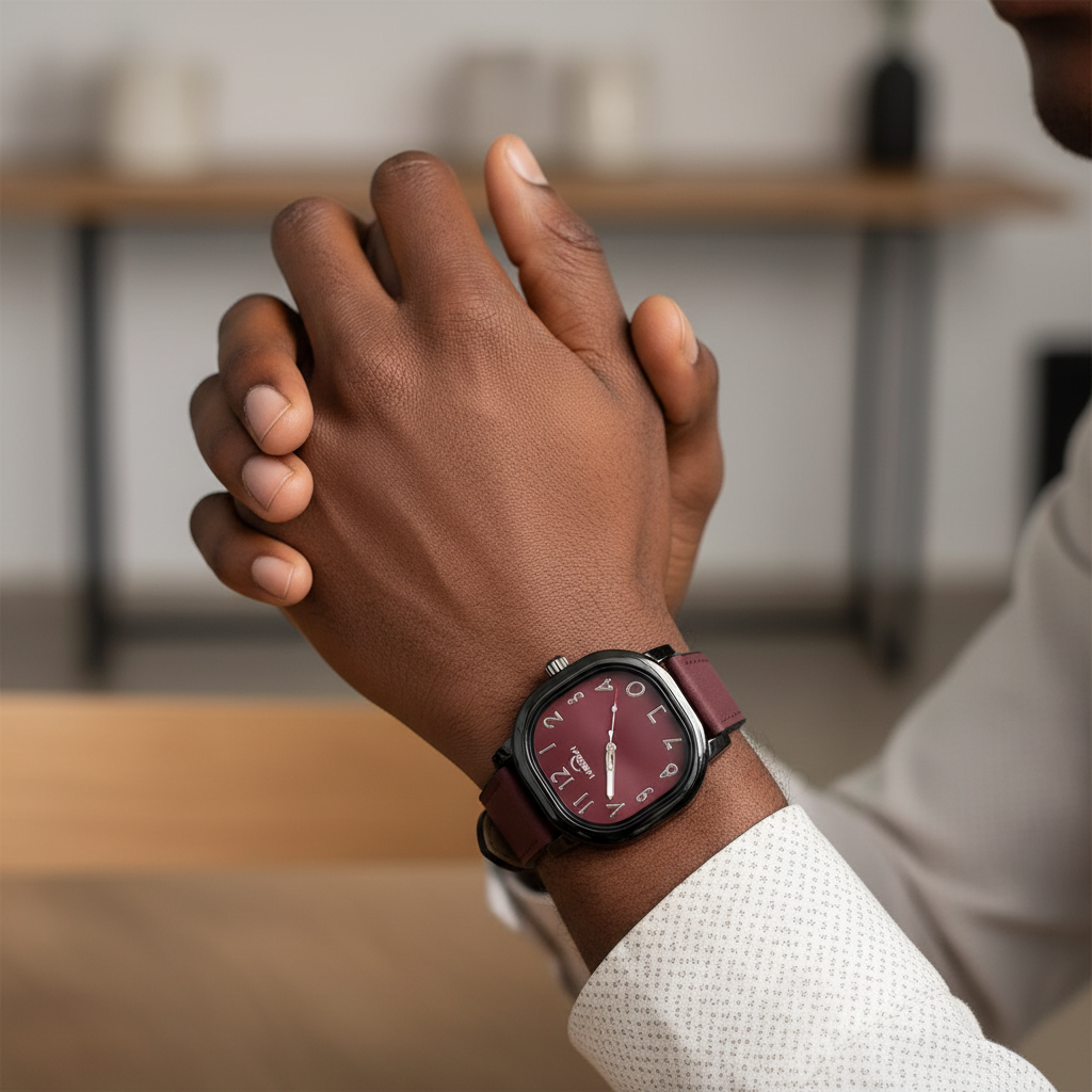 Burgundy dial watch with black case and burgundy leather strap worn on a Black man’s wrist