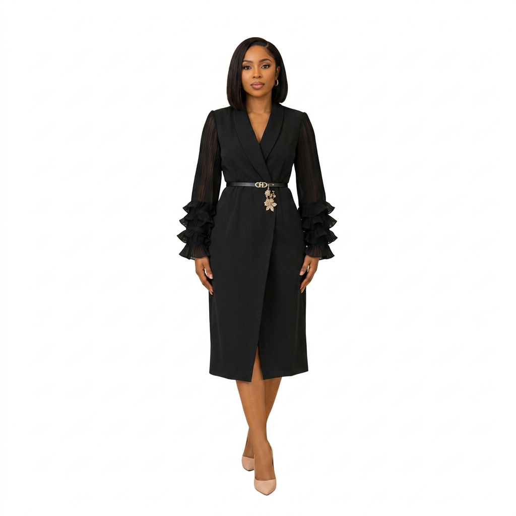 Full-body model wearing the black ruffle-cuff midi dress