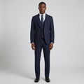 Full-body Black adult model wearing a navy textured three-piece suit