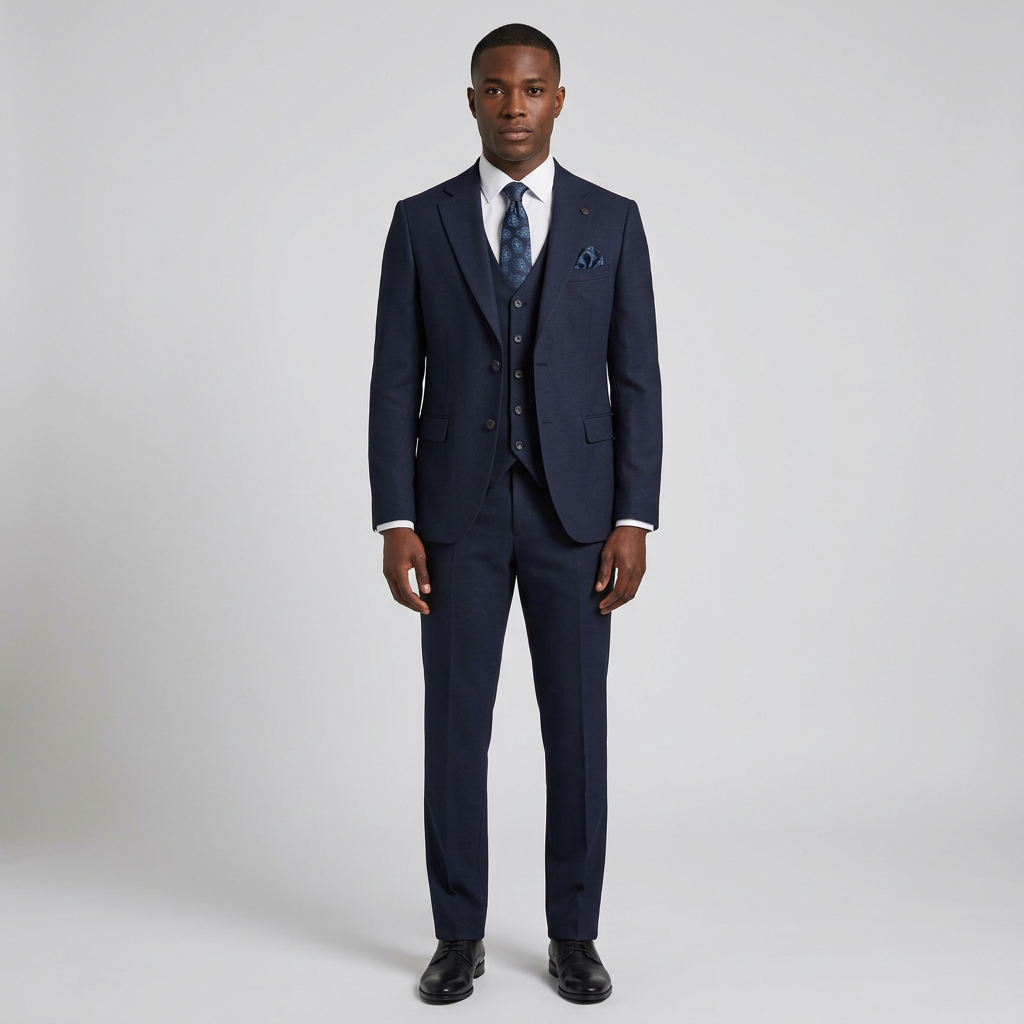 Full-body Black adult model wearing a navy textured three-piece suit