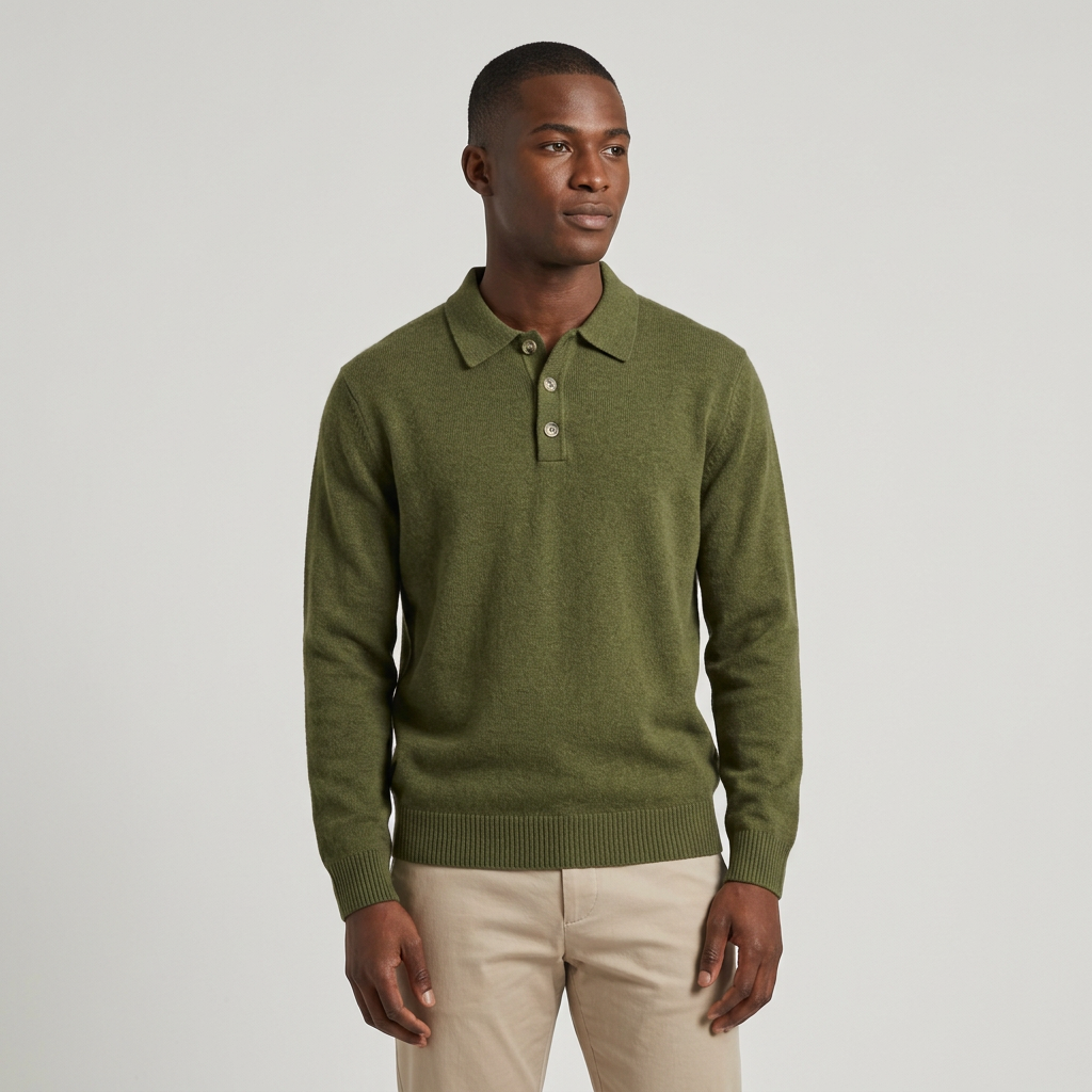 Nigerian man wearing olive textured long-sleeve knit polo