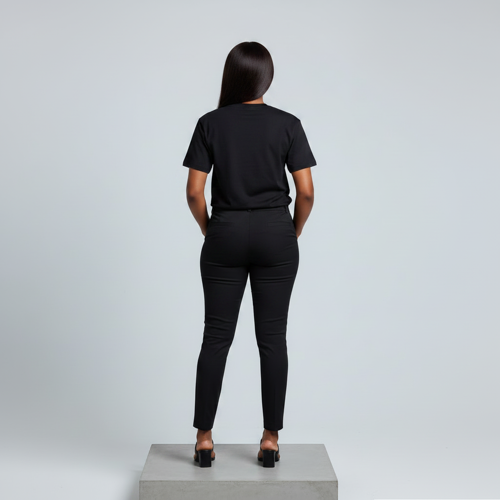 Nigerian female model back view wearing plain black T-shirt - consistent model