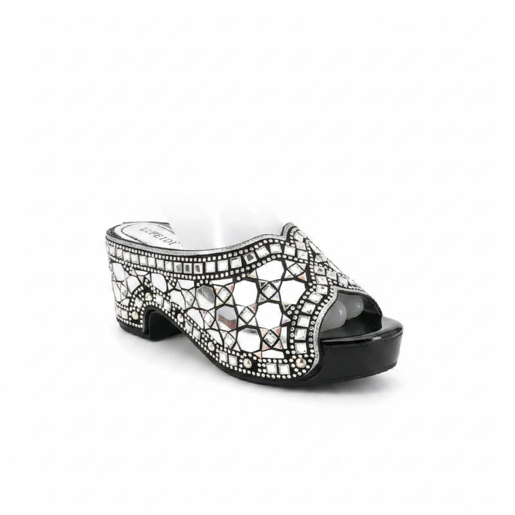 Women's silver rhinestone mosaic block heel mule ghost mannequin view