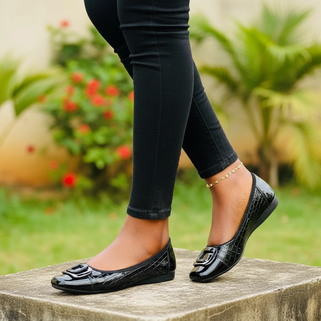 Women's black patent croc flat pumps – Nigerian female model leg shot