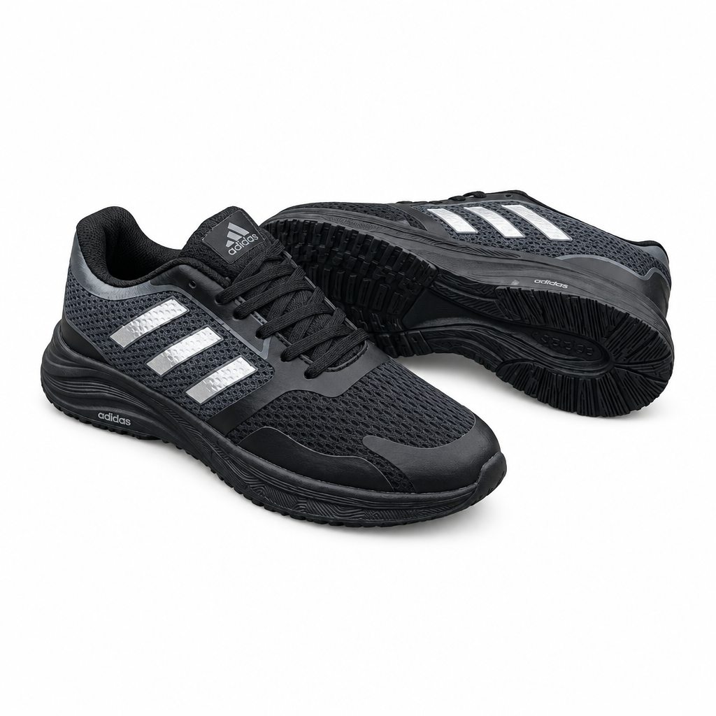 Charcoal mesh lace-up sneakers with silver side stripes and black soles