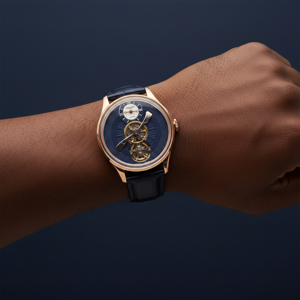 Nigerian male wrist-only shot wearing navy blue rose gold skeleton automatic watch