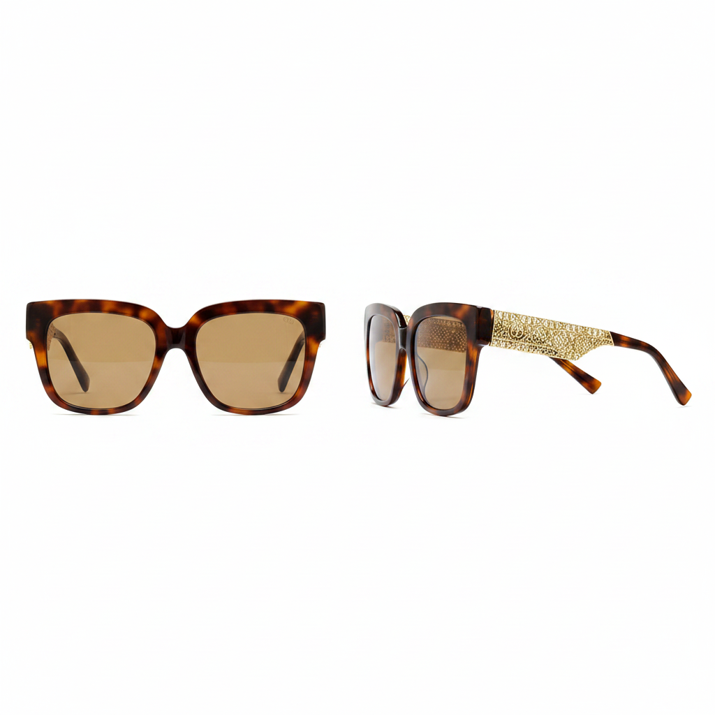 Unisex oversized square cat-eye sunglasses tortoiseshell acetate frame gold diamond mesh panel solid amber brown lens – front and side view