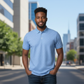 Young Nigerian male model wearing blue geometric jacquard polo shirt