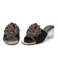 Women's black floral rhinestone medallion mule slipper with clear block heel - ghost mannequin pair view