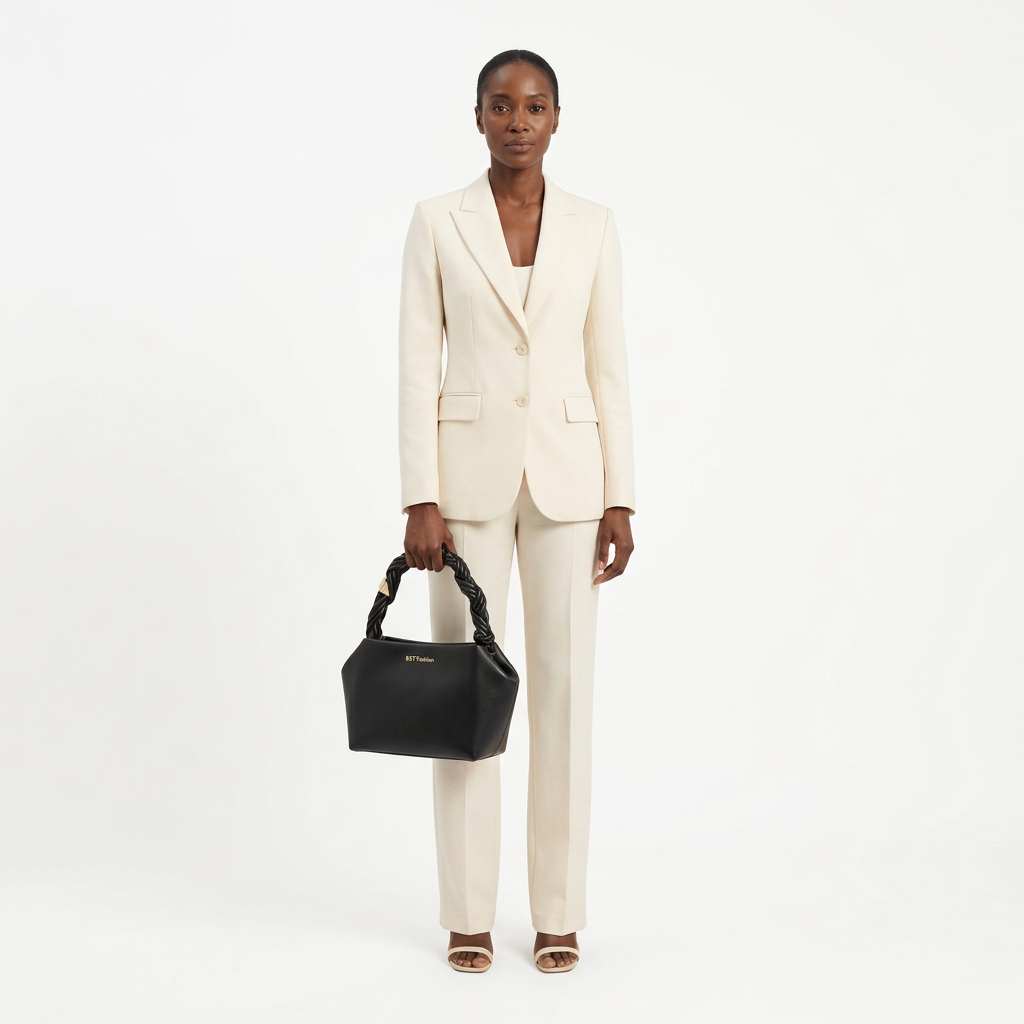 Woman in cream tailoring holding black braided-handle handbag