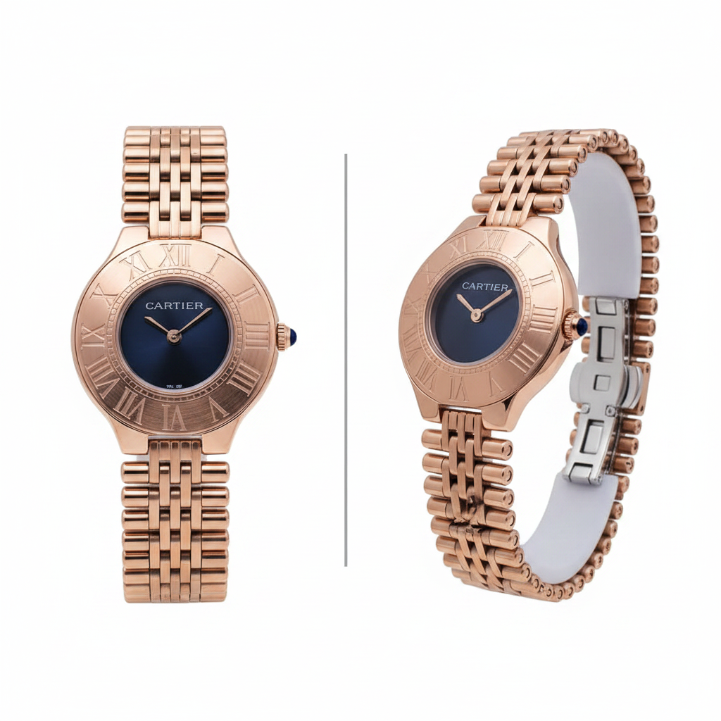 Rose gold women's bracelet watch with Roman numeral bezel and navy blue dial, front and side view on white background