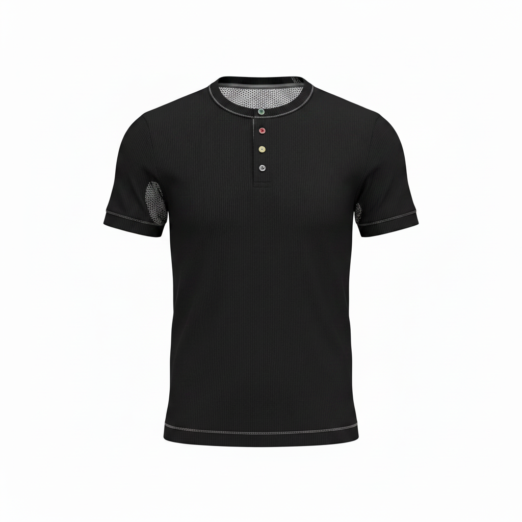 Black Ribbed Henley Short-Sleeve Shirt - Ghost Mannequin Front