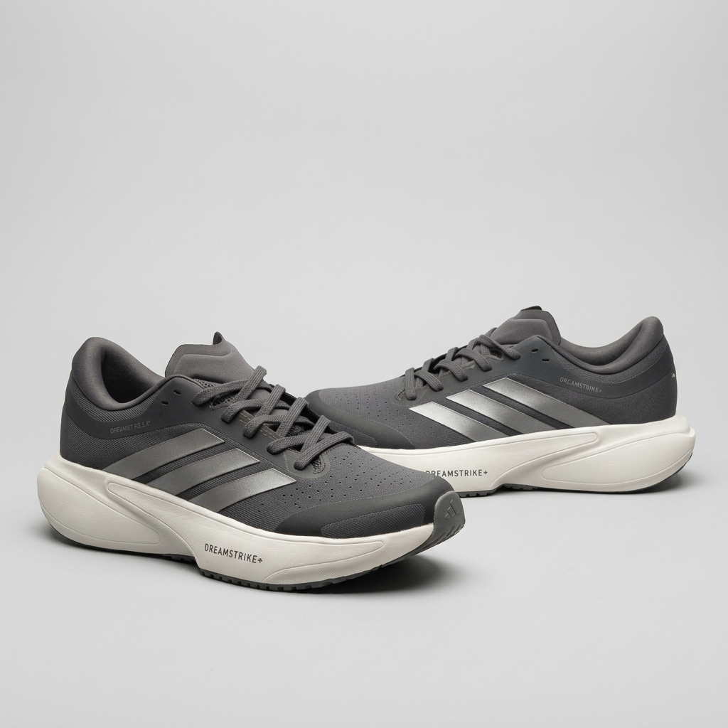 Charcoal and silver lace-up sneaker pair with off-white soles