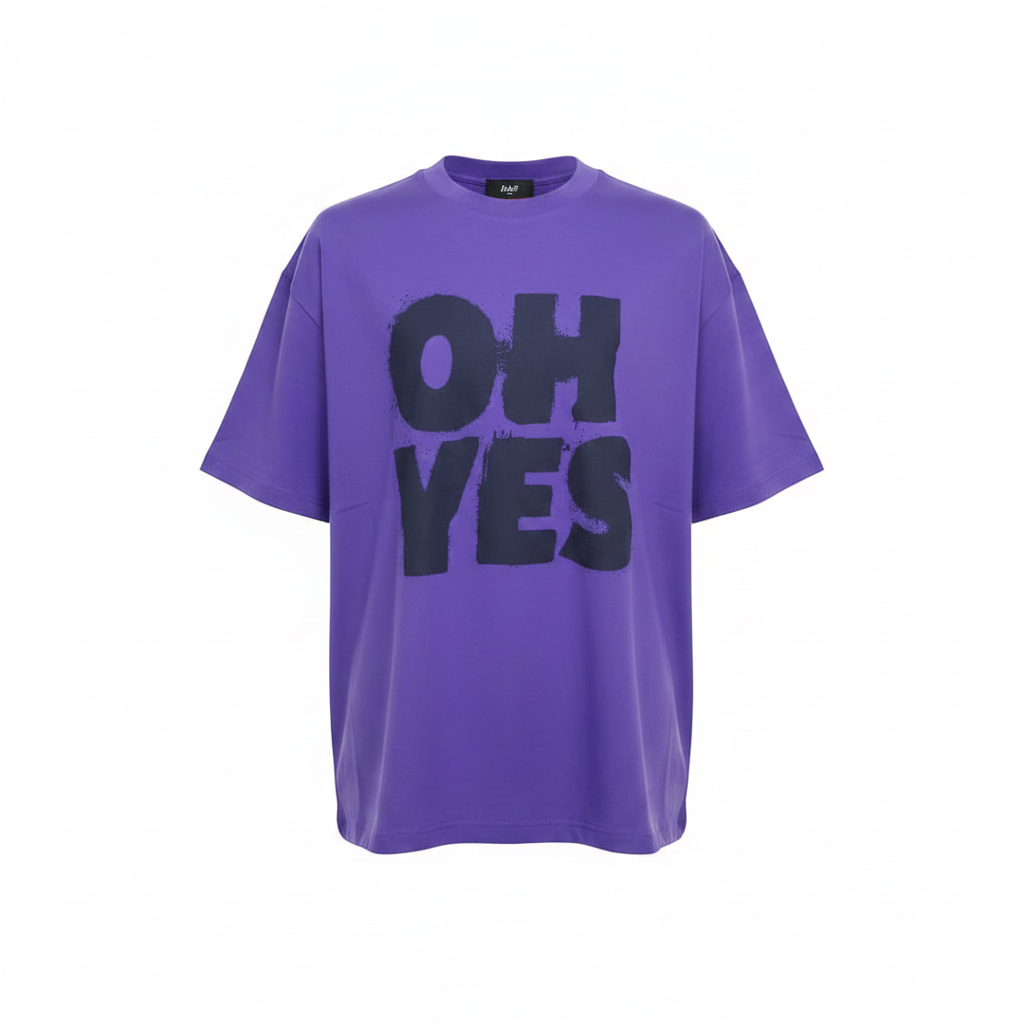 Purple OH YES Bold Text Graphic Short-Sleeved Shirt - Ghost Mannequin Front