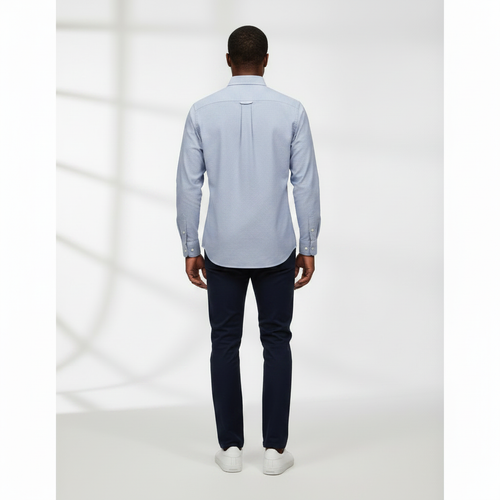 Nigerian adult male model wearing Light Blue Oxford Long Sleeve Shirt - Back View
