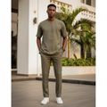 Model wearing olive green zip-neck senator set