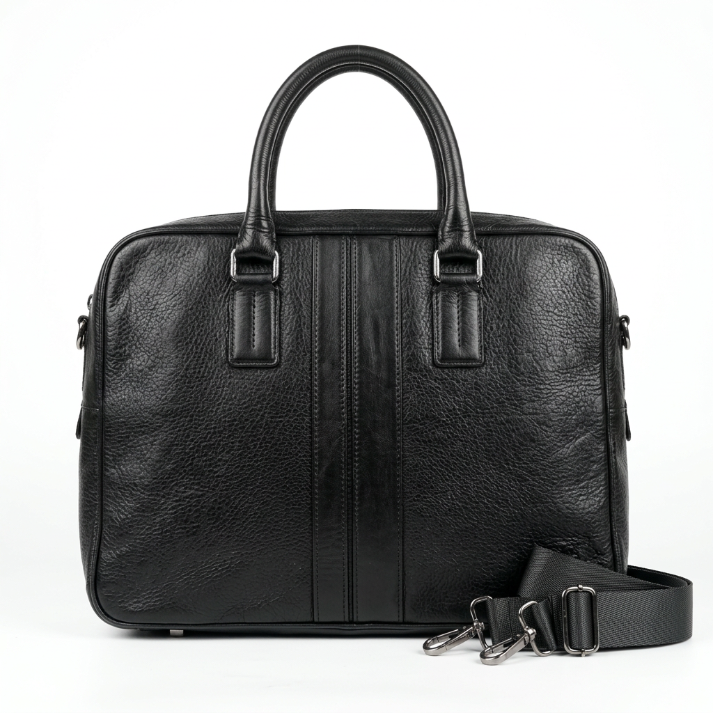 Black pebbled laptop bag with twin centre strips rounded handles and woven strap on white