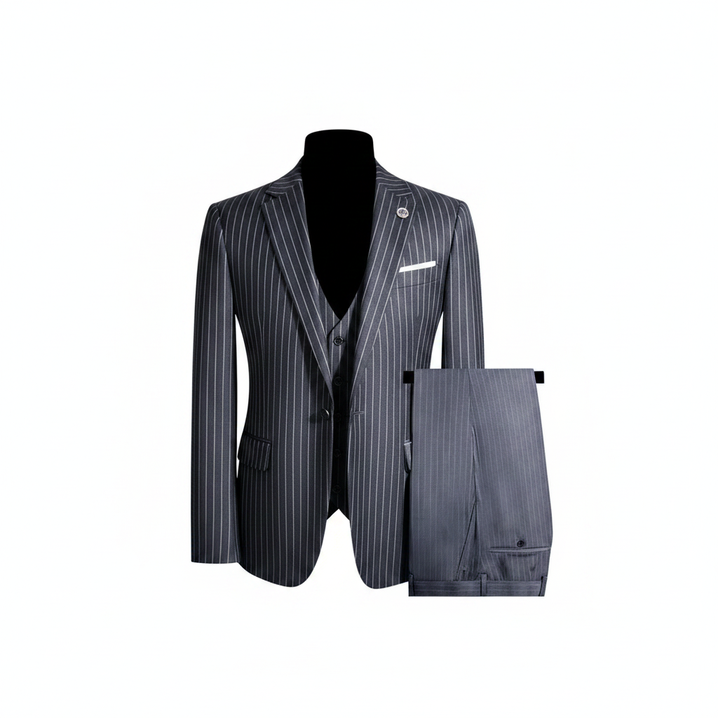 Charcoal grey pinstripe 3-piece suit ghost mannequin view