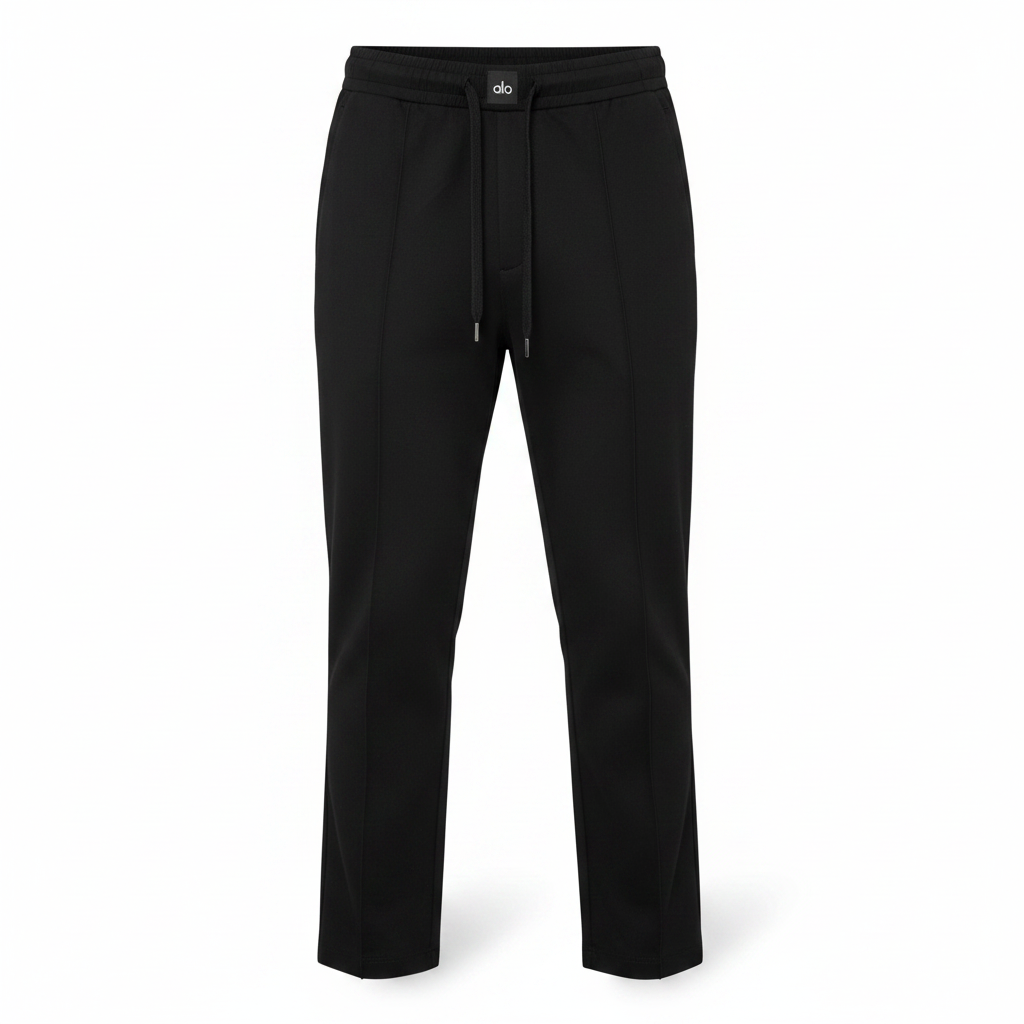 Black ALO tapered drawstring trousers ghost mannequin front view