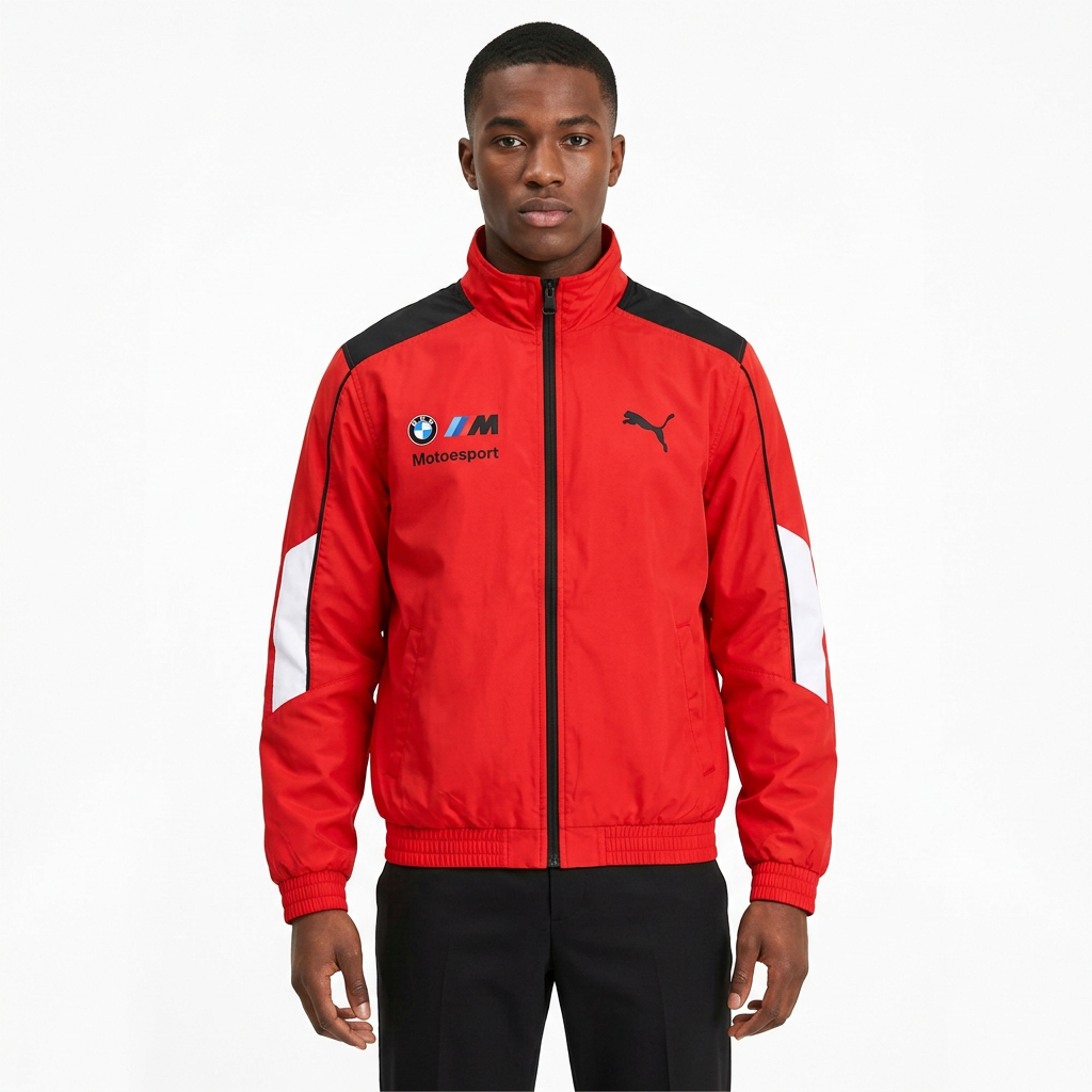 Male model wearing red contrast-panel stand-collar zip jacket