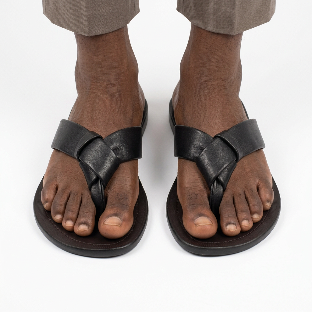 Both black knotted toe-post slides worn by a male model on white