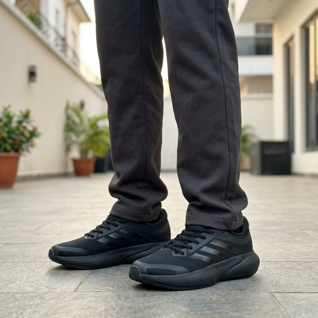 All-black tonal-stripe sneakers worn with dark trousers