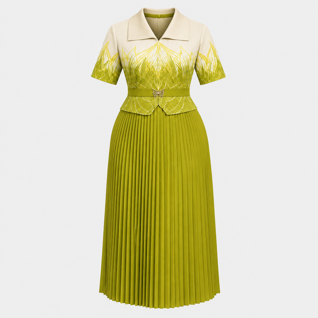 Lime green collared pleated dress on invisible mannequin