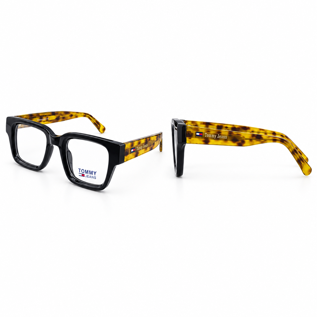 Black rectangular eyeglasses with tortoiseshell-patterned arms in front and side views