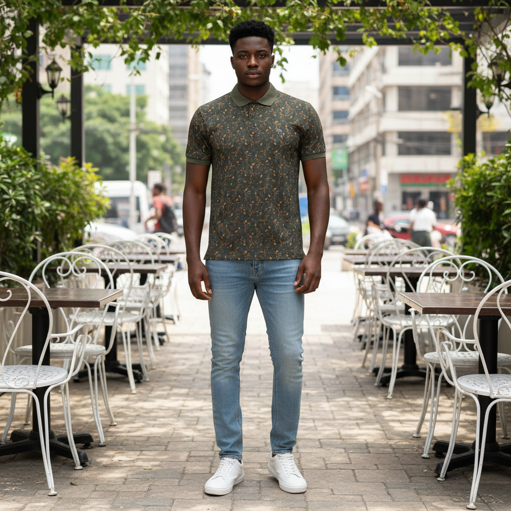 Young Nigerian male model wearing dark olive leaf print polo shirt