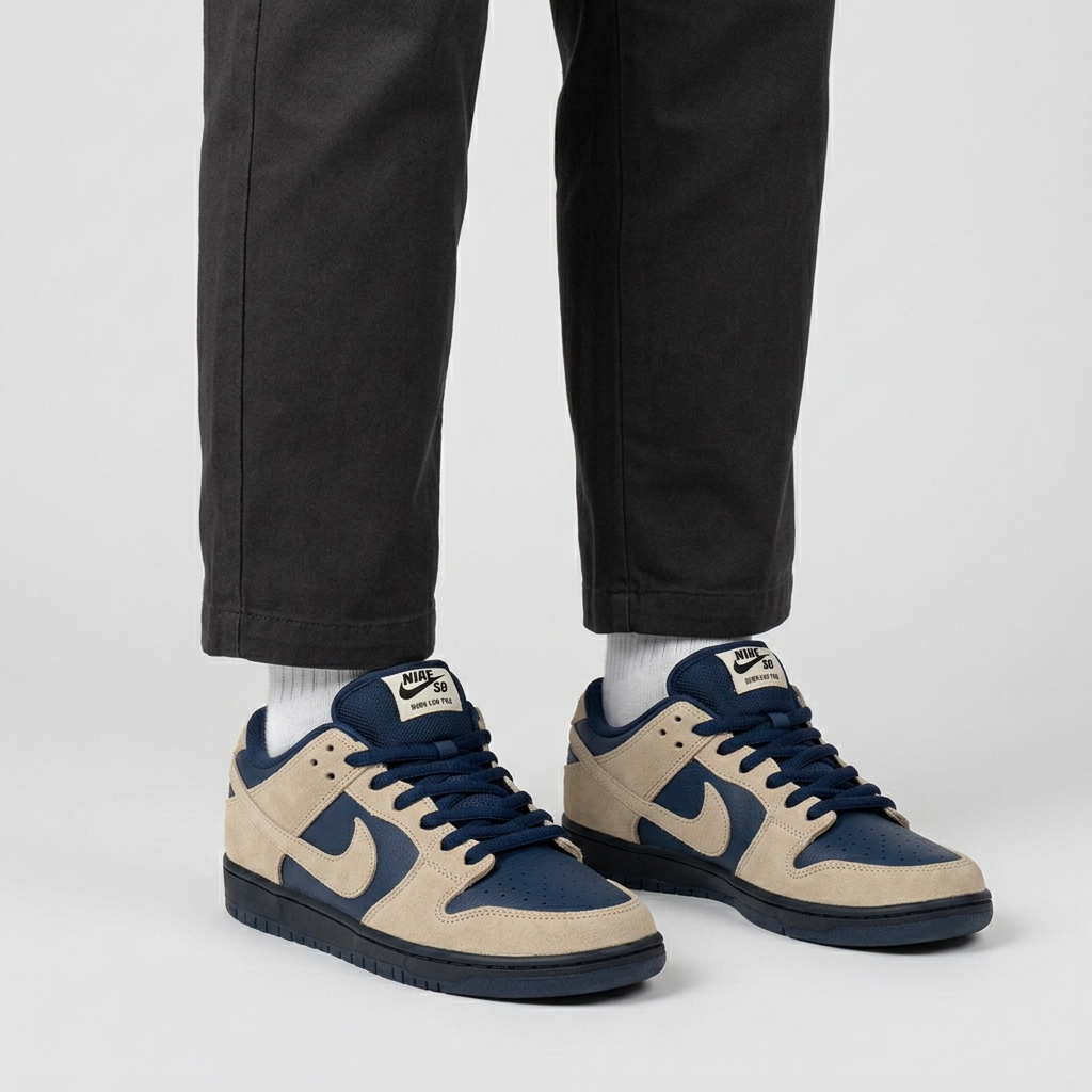 Person wearing navy and sand low-top sneakers on a plain studio background