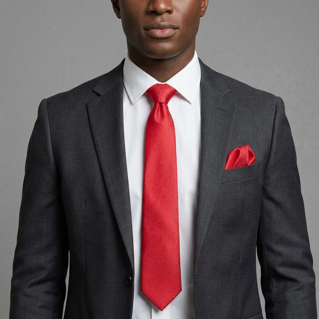 Close-up model shot of red textured tie and matching pocket square