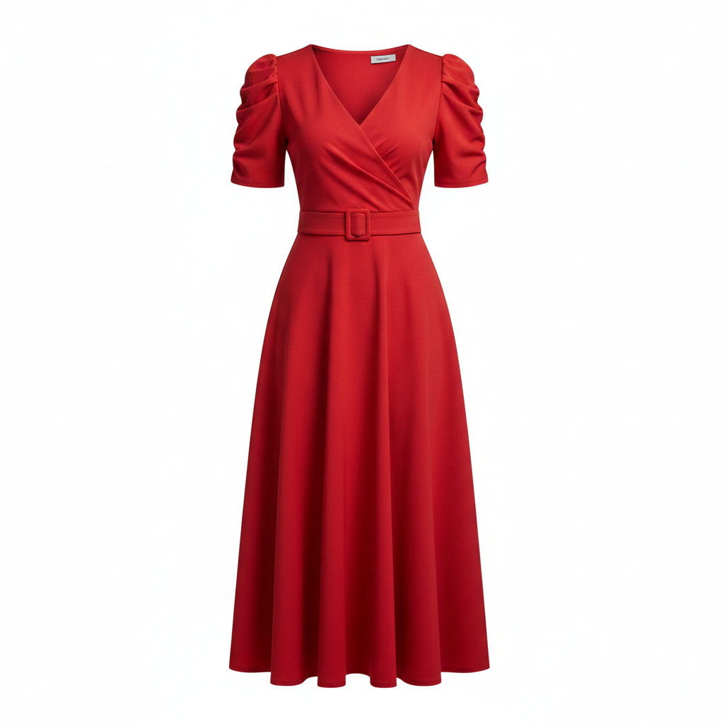 Red belted A-line midi dress ghost mannequin view